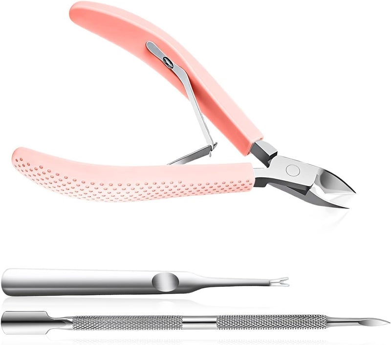 Criyar Fine Edge Cuticle Trimmer & Nippers, Scissors, Silicone Handle Nail Tools for Precise Removal, Durable Washable Cuticle Cutter & Remover & Pusher Nail Clippers (Pink+Pusher 1Set) - Image 1